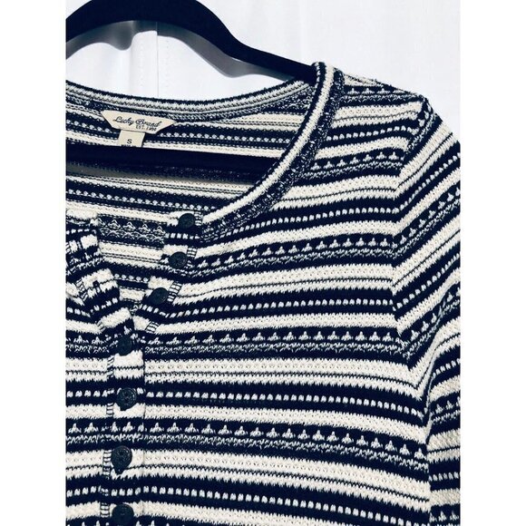 Lucky Brand Top Womens Small Black White Striped Chloe Henley Thermal Knit Boho - Picture 3 of 5